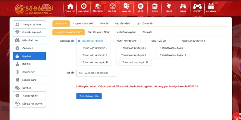 Quy trình nạp tiền vào tài khoản bằng mã QR
